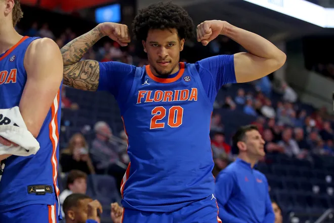 Feb 21, 2026; Oxford, Mississippi, USA; Florida Gators guard Isaiah Brown (20) reacts during the second half against the Mississippi Rebels at The Sandy and John Black Pavilion at Ole Miss. Mandatory Credit: Petre Thomas-Imagn Images