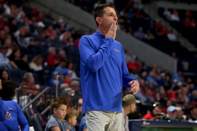 Feb 21, 2026; Oxford, Mississippi, USA; Florida Gators head coach Todd Golden reacts during the second half against the Mississippi Rebels at The Sandy and John Black Pavilion at Ole Miss. Mandatory Credit: Petre Thomas-Imagn Images