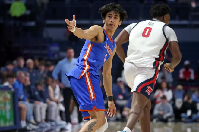 Feb 21, 2026; Oxford, Mississippi, USA; Florida Gators guard Xaivian Lee (1) reacts after a three point basket during the second half against the Mississippi Rebels at The Sandy and John Black Pavilion at Ole Miss. Mandatory Credit: Petre Thomas-Imagn Images