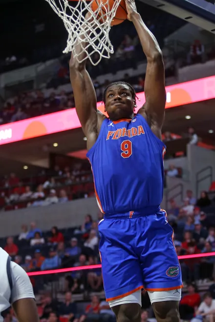 Feb 21, 2026; Oxford, Mississippi, USA; Florida Gators center Rueben Chinyelu (9) dunks during the second half against the Mississippi Rebels at The Sandy and John Black Pavilion at Ole Miss. Mandatory Credit: Petre Thomas-Imagn Images