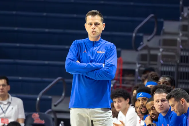 OXFORD, MISSISSIPPI - FEBRUARY 21: Head Coach Todd Golden of the Florida Gators looks on against the Ole Miss Rebels during the first half at The Pavilion at Ole Miss on February 21, 2026 in Oxford, Mississippi. (Photo by Wes Hale/Getty Images)