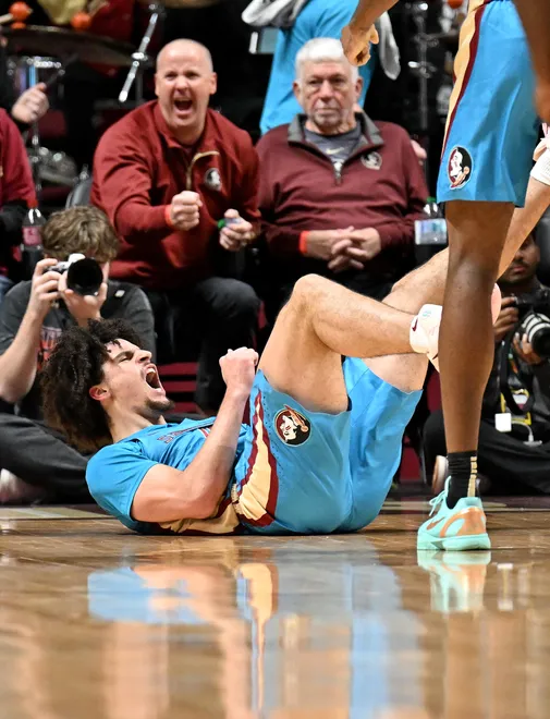 Feb 24, 2026; Tallahassee, Florida, USA; Florida State Seminoles guard Lajae Jones (10) celebrates an and-one during the first half against the Miami Hurricanes at Donald L. Tucker Center. Mandatory Credit: Melina Myers-Imagn Images