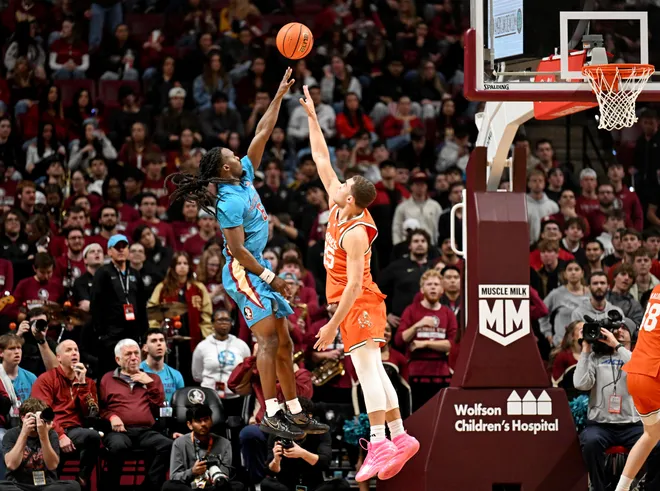 Feb 24, 2026; Tallahassee, Florida, USA; Florida State Seminoles guard Robert McCray (6) shoots a two point shot during the first half against the Miami Hurricanes at Donald L. Tucker Center. Mandatory Credit: Melina Myers-Imagn Images
