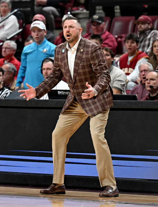 Feb 24, 2026; Tallahassee, Florida, USA; Florida State Seminoles head coach Luke Loucks during the first half against the Miami Hurricanes at Donald L. Tucker Center. Mandatory Credit: Melina Myers-Imagn Images
