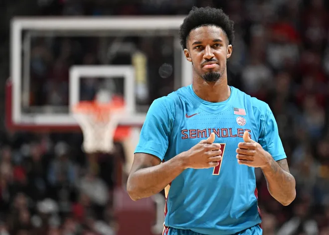 Feb 24, 2026; Tallahassee, Florida, USA; Florida State Seminoles forward Chauncey Wiggins (7) during the first half against the Miami Hurricanes at Donald L. Tucker Center. Mandatory Credit: Melina Myers-Imagn Images