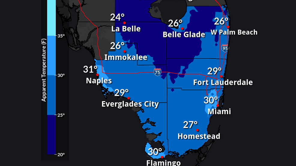 Minimum Apparent Temperature map for Miami/South Florida (NWS Miami)