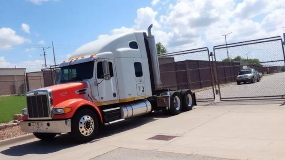Semi-truck parked in front of prison gate.