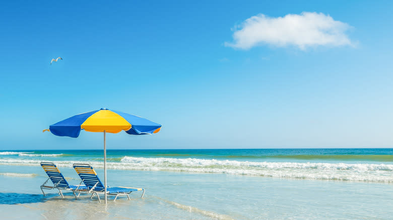 Blue and yellow beach umbrella and beach chairs on the oceanside