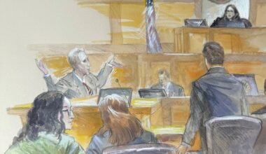 FILE - This courtroom sketch shows Ryan Routh, left, throwing his arms up directed at U.S. District Judge Aileen Cannon in frustration as jury selection begins in the trial of Routh, who is charged with attempting to assassinate Donald Trump last year at a golf course in South Florida, Monday, Sept. 8, 2025, in Fort Pierce, Fla. (Lothar Speer via AP, File)