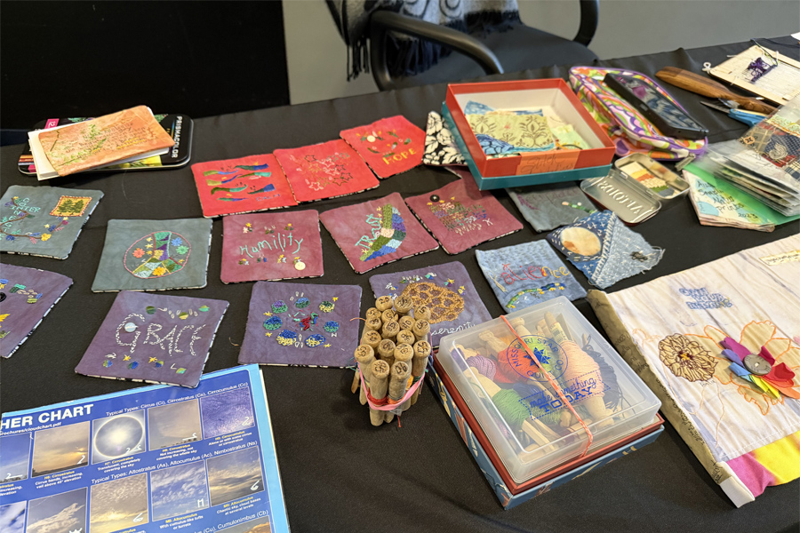 Art supplies on a table.