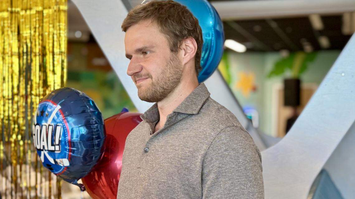 Florida Panthers captain and center Aleksander Barkov at an event at Joe DiMaggio Children’s Hospital on Tuesday, Feb. 24, 2026, announcing the naming of the “Barkov Sports Medicine” department at the hospital.
