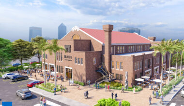 An exterior rendering of the renovated armory building.