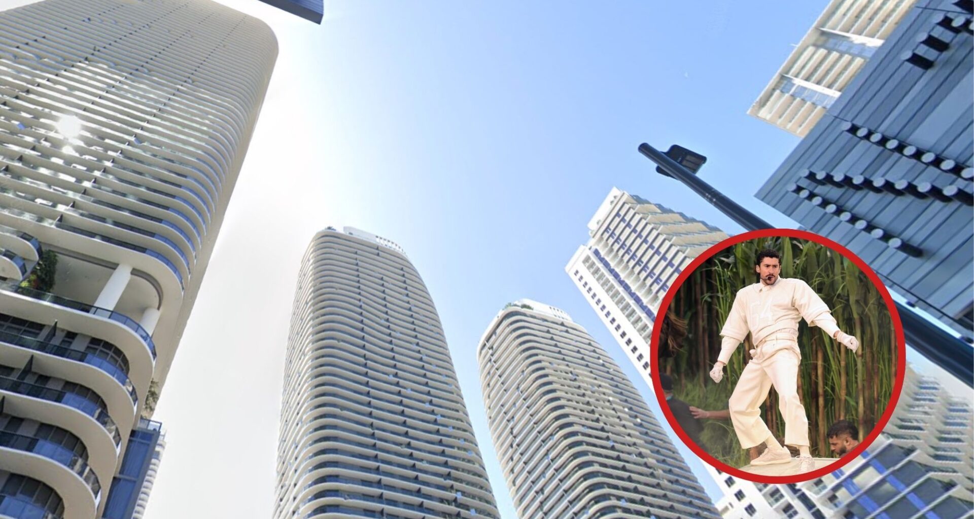 Photo of a building in brickell and another photo of Bad Bunny