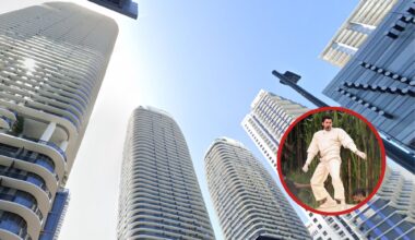 Photo of a building in brickell and another photo of Bad Bunny