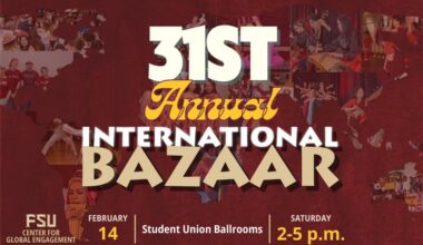 Promotional graphic for the 31st Annual International Bazaar at FSU, featuring cultural performances and crowds. Event is February 14, 2–5 p.m., at the Student Union Ballrooms.