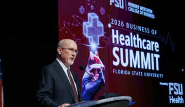 Emcee Michael D. Hartline, dean of the Herbert Wertheim College of Business, speaks during the FSU Business of Healthcare Summit. (Photo by Colin Hackley)