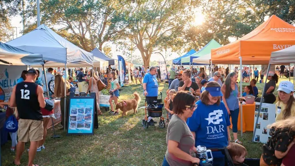 multiple vendors set up at a big community festival on a sunny day