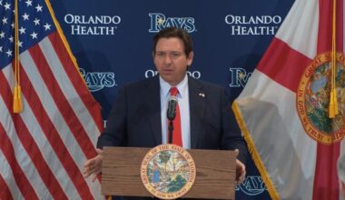 Gov. Ron DeSantis speaks at Hillsborough College on Tuesday about plans for a Tampa Bay Rays stadium and surrounding entertainment district. (Spectrum News)