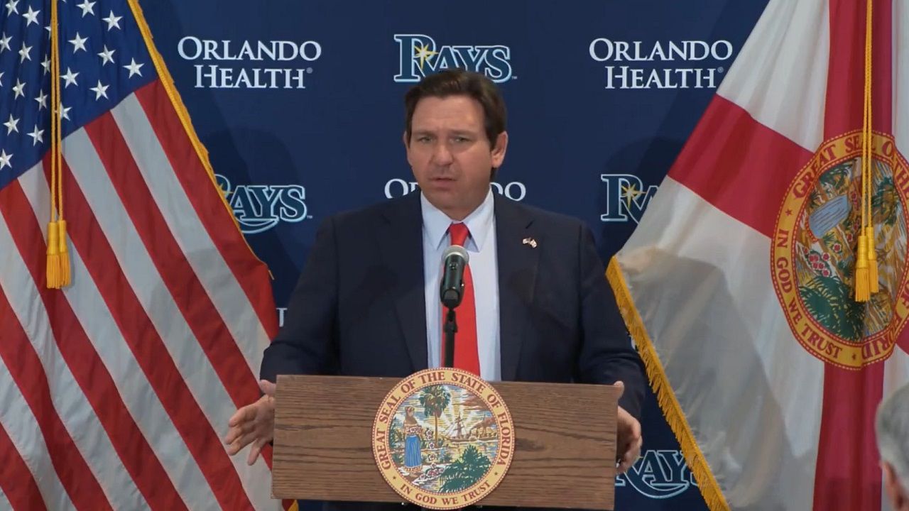 Gov. Ron DeSantis speaks at Hillsborough College on Tuesday about plans for a Tampa Bay Rays stadium and surrounding entertainment district. (Spectrum News)