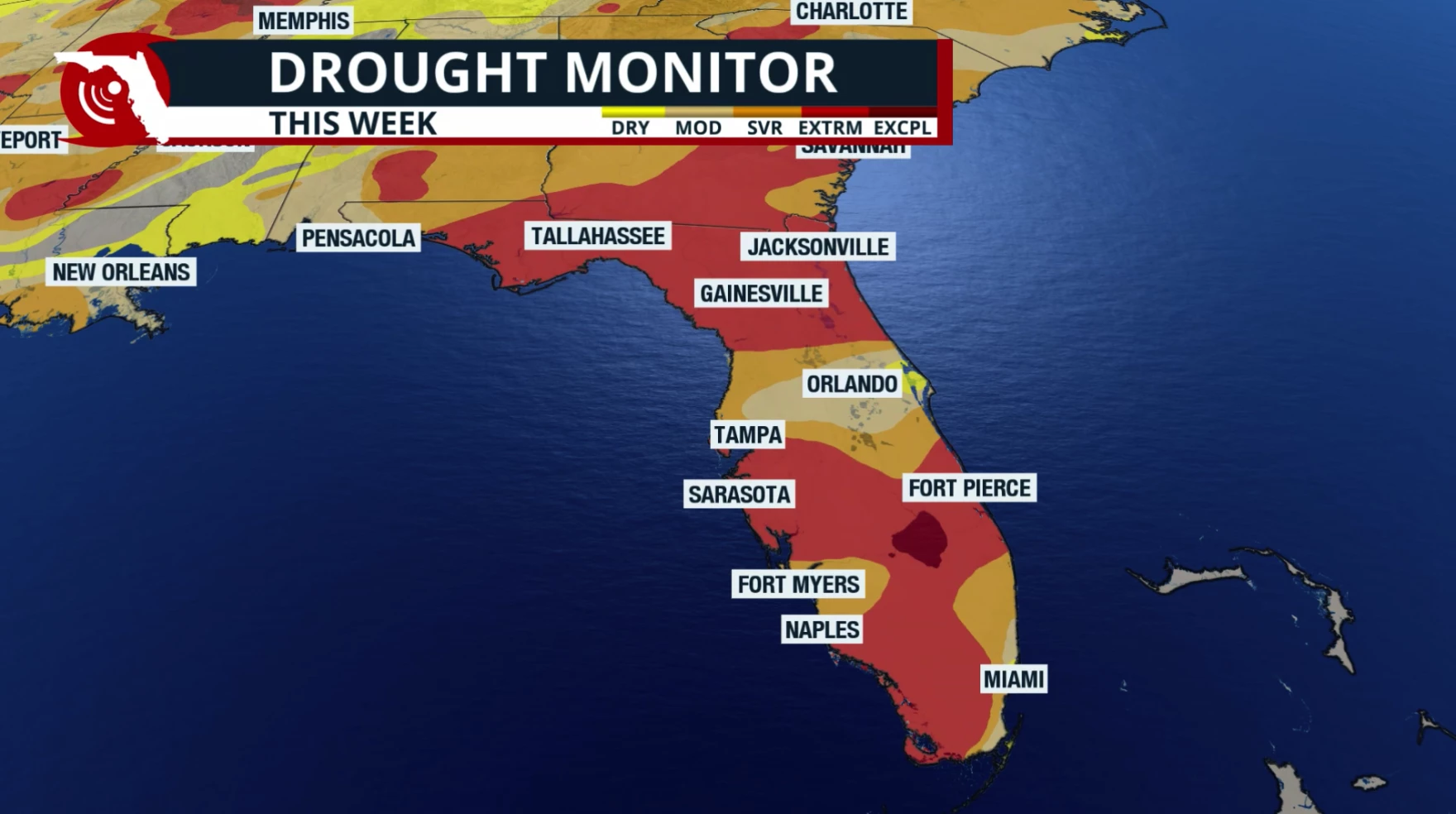 The Drought Monitor map, showing the severity of drought around Florida.