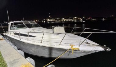 A 45-foot Sea Ray cabin cruiser is tied to the dock at Coast Guard Station Fort Lauderdale. The crew of the Cutter Etheridge stopped the boat off Haulover Inlet Saturday, Feb. 21, 2026, and found large amounts of smuggled cocaine and marijuana, according to a federal criminal complaint.