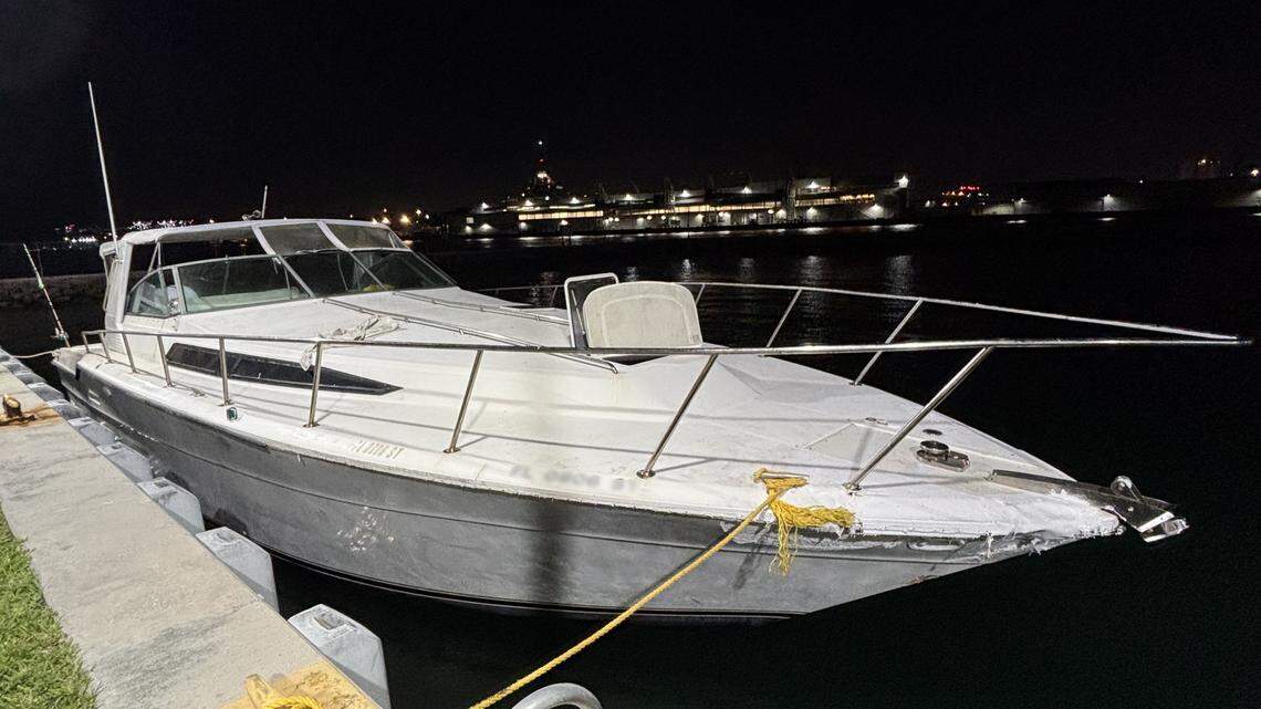A 45-foot Sea Ray cabin cruiser is tied to the dock at Coast Guard Station Fort Lauderdale. The crew of the Cutter Etheridge stopped the boat off Haulover Inlet Saturday, Feb. 21, 2026, and found large amounts of smuggled cocaine and marijuana, according to a federal criminal complaint.