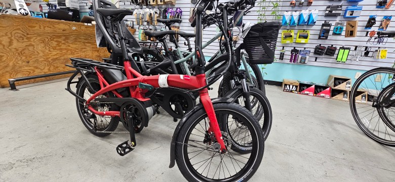 Electric cargo bikes, including a red Tern GSD folding e-bike, on display at City Bike Tampa. The shop interior shows cycling gear and accessories in the background, highlighting urban commuting options in downtown Tampa.