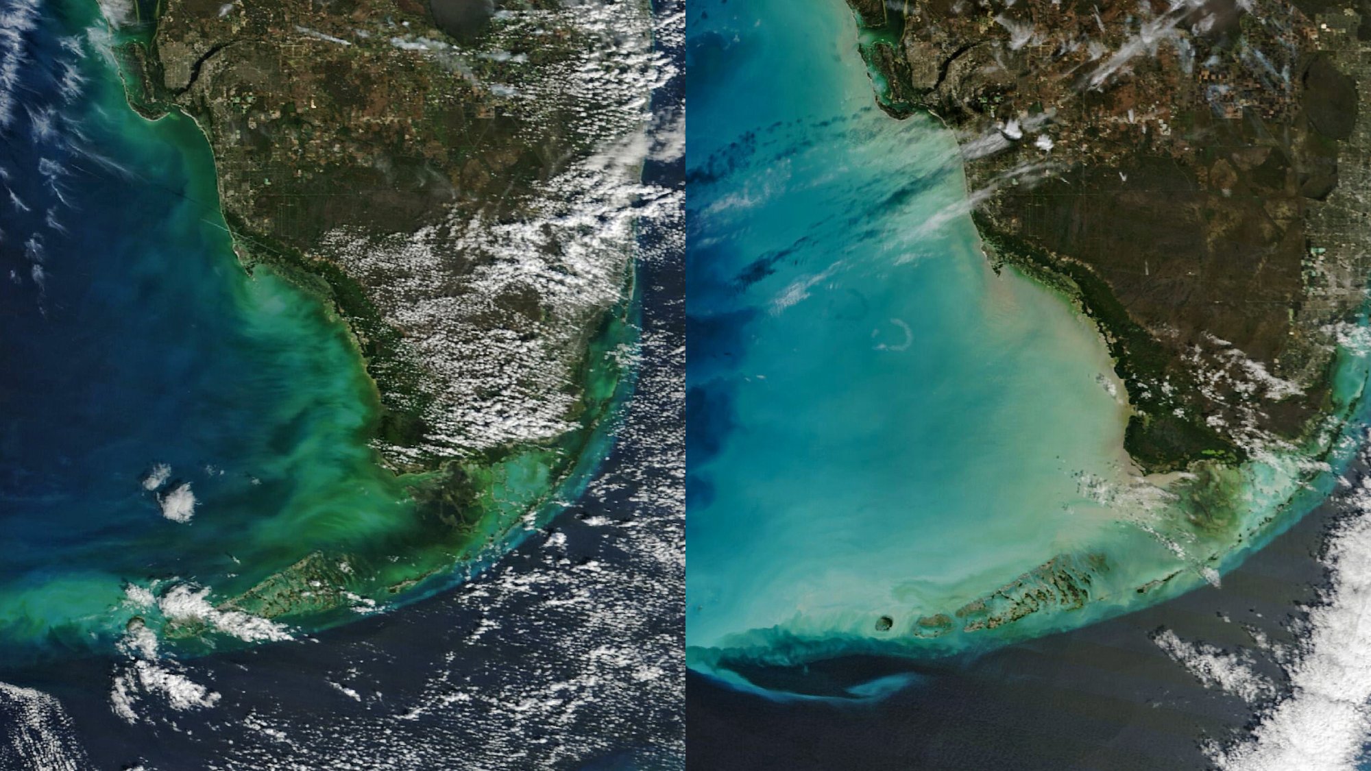 Before and after satellite images showcase the water's dramatic color changes.