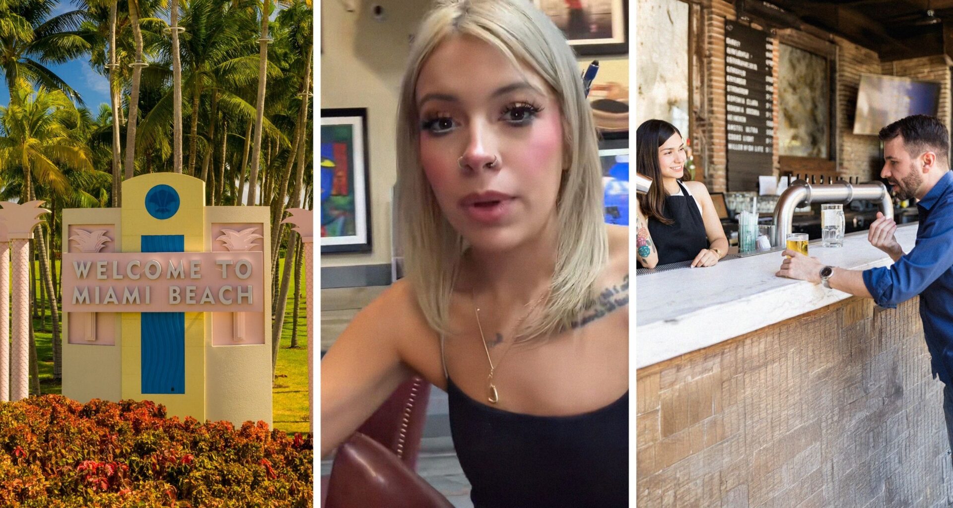 Miami welcome sign (l) woman shares a day in the job (c) bartender conversing with customer (r)