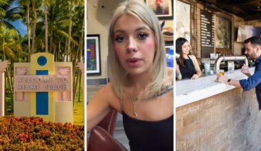 Miami welcome sign (l) woman shares a day in the job (c) bartender conversing with customer (r)