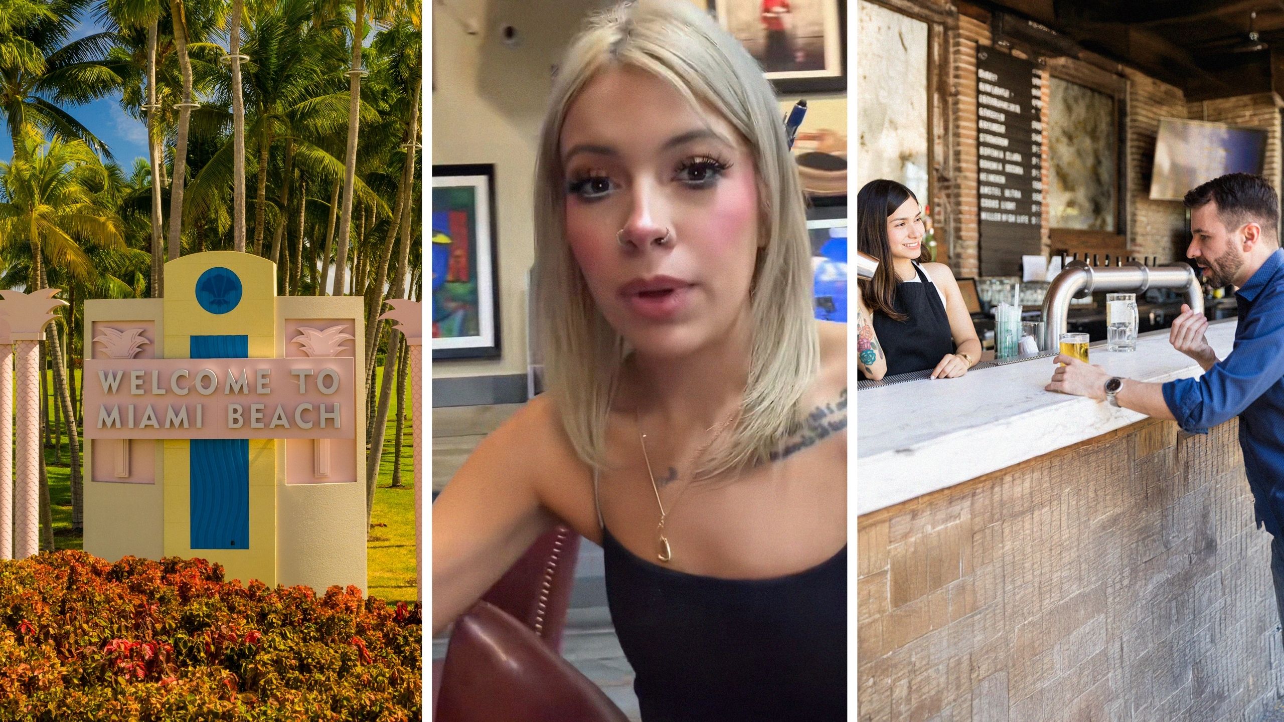 Miami welcome sign (l) woman shares a day in the job (c) bartender conversing with customer (r)
