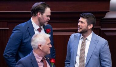 Florida State Rep. Alex Andrade, R-Pensacola, and Florida Attorney General James Uthmeier talk during the first day of the legislative session at the Florida State Capitol on Tuesday, March 4, 2025, in Tallahassee, Fla.
