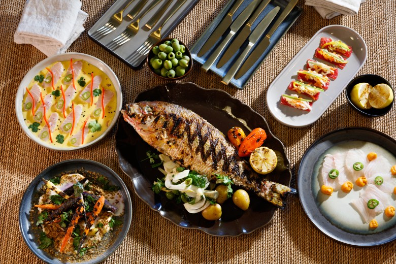 A gourmet seafood spread at Luma featuring a whole grilled fish surrounded by plates of fresh crudo, sashimi, and roasted vegetables.