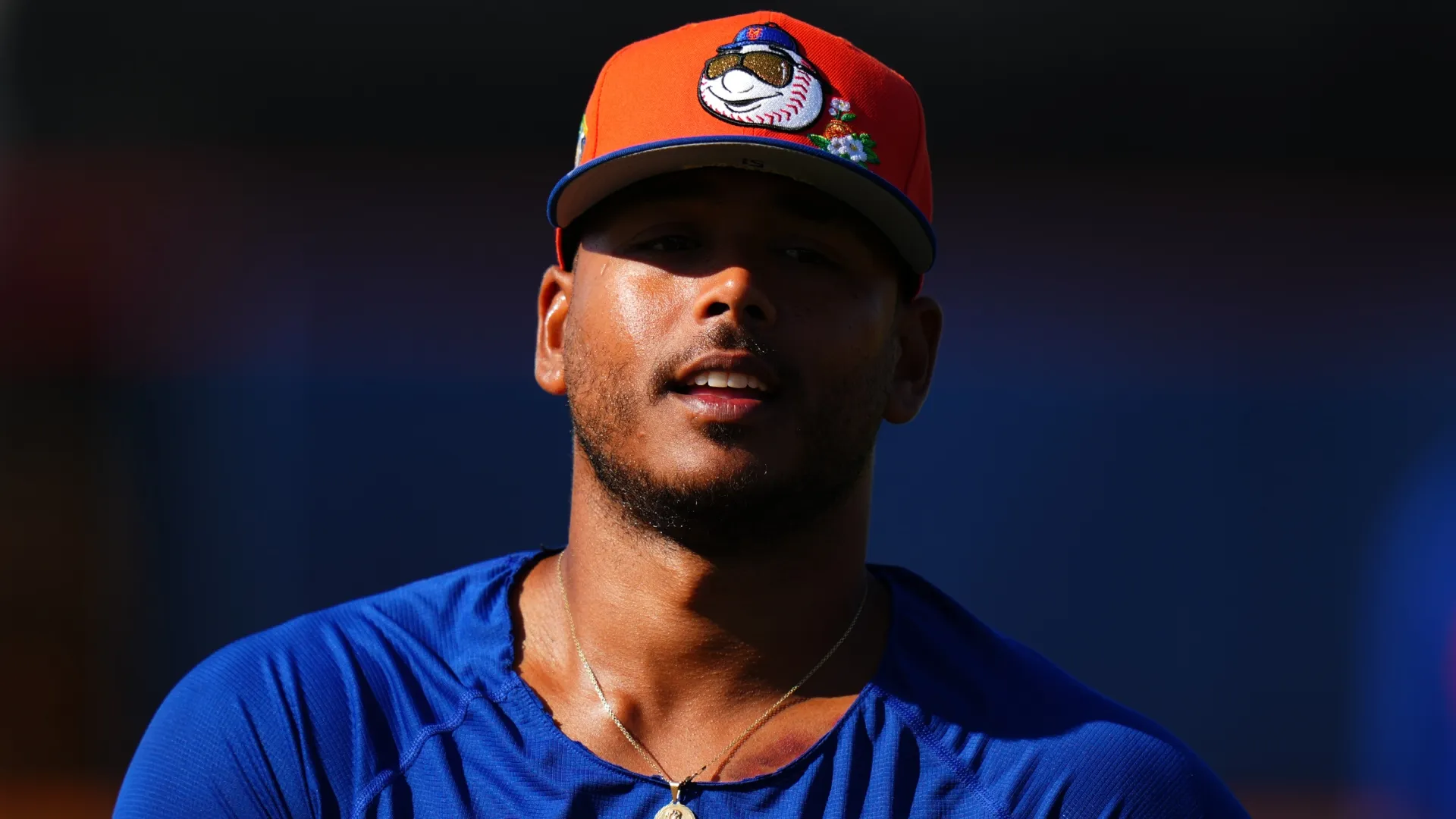 Freddy Peralta of the Mets looks on during spring training workouts in 2026 (Source: Rich Storry/Getty Images)