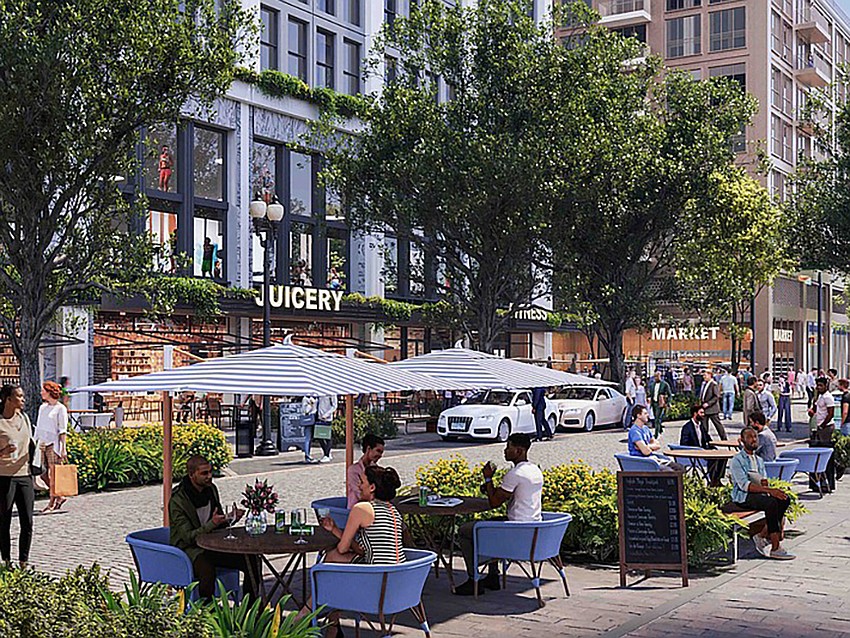 Renderings of Pearl Square, the Gateway Jax development in the NorthCore area of Downtown Jacksonville, shows sideway seating.