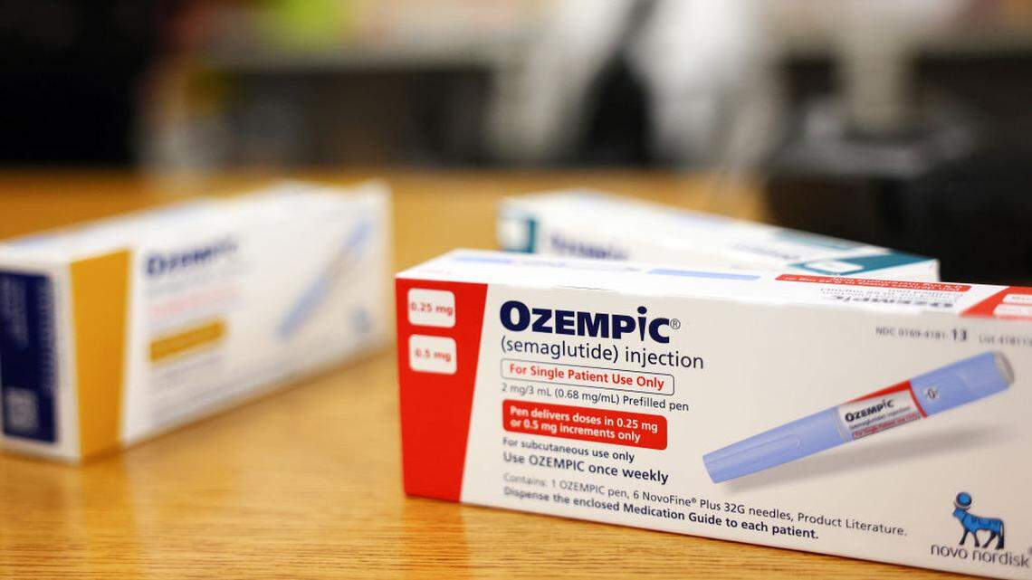 Boxes of the diabetes drug Ozempic rest on a pharmacy counter on April 17, 2023, in Los Angeles.