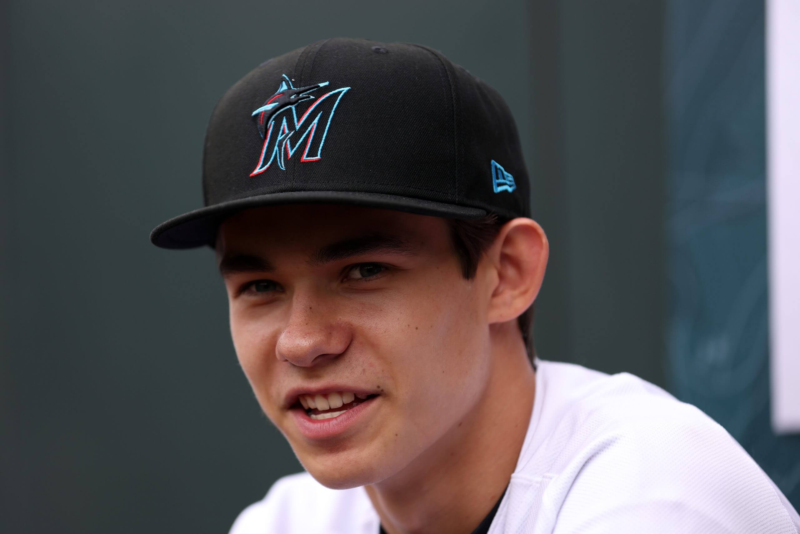 Close-up of No. 10 draft pick Noble Meyer of the Miami Marlins.