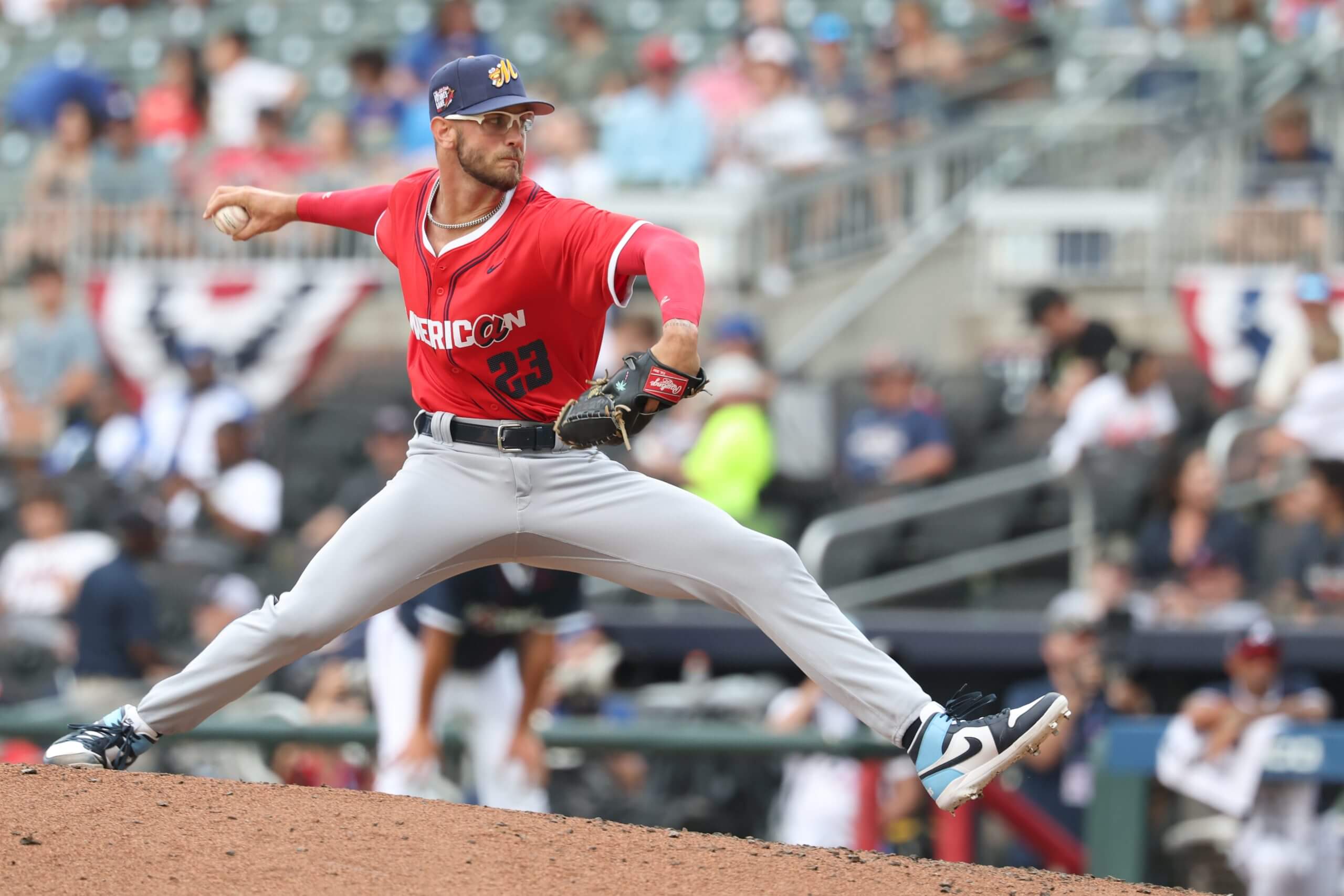 Brody Hopkins #23 of the Tampa Bay Rays throws a pitch in the sixth inning during the 2025 All-Star Futures Game at Truist Park on July 12, 2025 in Atlanta, Georgia. 