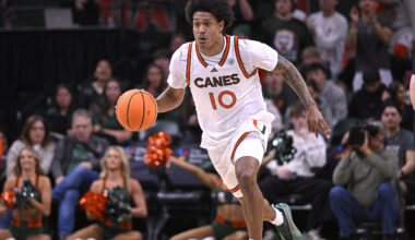 CORAL GABLES, FL - JANUARY 28: Miami guard Tru Washington (10) brings the ball up court in the second half as the Miami Hurricanes faced the Stanford Cardinal on January 28, 2026, at the Watsco Center in Coral Gables, Florida. (Photo by Samuel Lewis/Icon Sportswire via Getty Images)