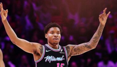 Myron Gardner #15 of the Miami Heat celebrates a three point basket against the Oklahoma City Thunder during the first half at Kaseya Center on January 17, 2026 in Miami.