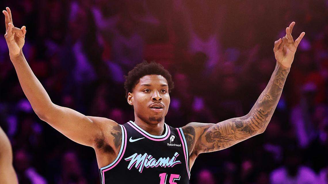 Myron Gardner #15 of the Miami Heat celebrates a three point basket against the Oklahoma City Thunder during the first half at Kaseya Center on January 17, 2026 in Miami.