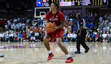 DALLAS, TX - FEBRUARY 03: North Carolina State Wolfpack forward Darrion Williams (#1) steps in to a three pointer during the ACC college basketball game between the SMU Mustangs and the North Carolina State Wolfpack on February 3, 2026, at Moody Coliseum in Dallas, TX. (Photo by Matthew Visinsky/Icon Sportswire via Getty Images)