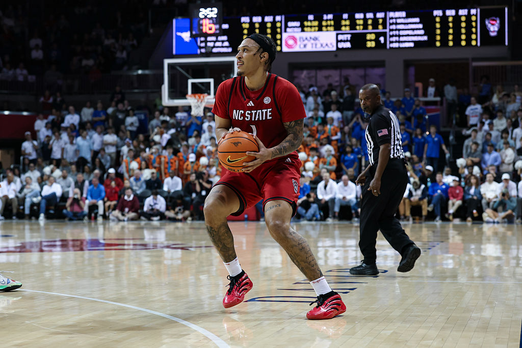 DALLAS, TX - FEBRUARY 03: North Carolina State Wolfpack forward Darrion Williams (#1) steps in to a three pointer during the ACC college basketball game between the SMU Mustangs and the North Carolina State Wolfpack on February 3, 2026, at Moody Coliseum in Dallas, TX. (Photo by Matthew Visinsky/Icon Sportswire via Getty Images)