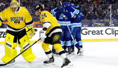 Bruins blow four-goal lead, suffer deflating loss in Stadium Series game
