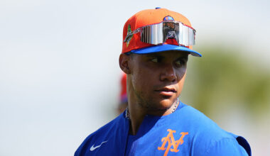 PORT ST. LUCIE, FLORIDA - FEBRUARY 16: Juan Soto #22 of the New York Mets looks on during spring training workouts at Clover Park on February 16, 2026 in Port St. Lucie, Florida. (Photo by Rich Storry/Getty Images)