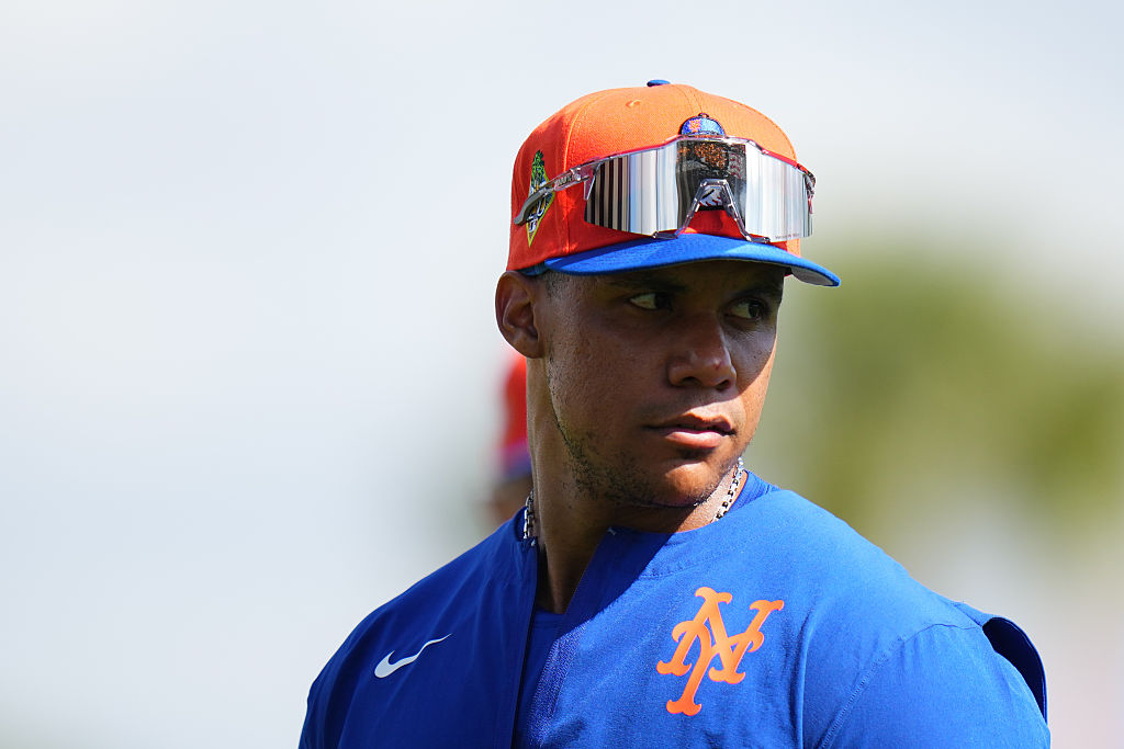 PORT ST. LUCIE, FLORIDA - FEBRUARY 16: Juan Soto #22 of the New York Mets looks on during spring training workouts at Clover Park on February 16, 2026 in Port St. Lucie, Florida. (Photo by Rich Storry/Getty Images)