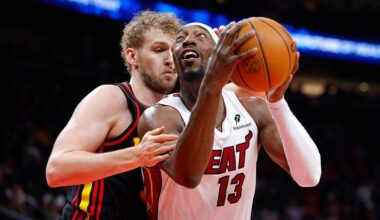 Bam Adebayo #13 of the Miami Heat looks to shoot against Jock Landale #31 of the Atlanta Hawks during the first quarter at State Farm Arena on February 20, 2026 in Atlanta.