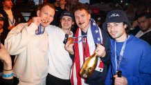 MIAMI, FLORIDA - FEBRUARY 23: Brady Tkachuk, Jack Hughes, Matthew Tkachuk and Quinn Hughes attend a celebration of the USA Men's Hockey Team's Olympic Gold at E11EVEN Miami on February 23, 2026 in Miami, Florida.  (Photo by Alexander Tamargo/Getty Images for E11EVEN Miami)