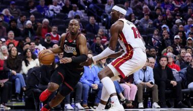 Tyrese Maxey #0 of the Philadelphia 76ers drives to the basket against Bam Adebayo #13 of Miami Heat during the first quarter at Xfinity Mobile Arena on February 26, 2026 in Philadelphia.