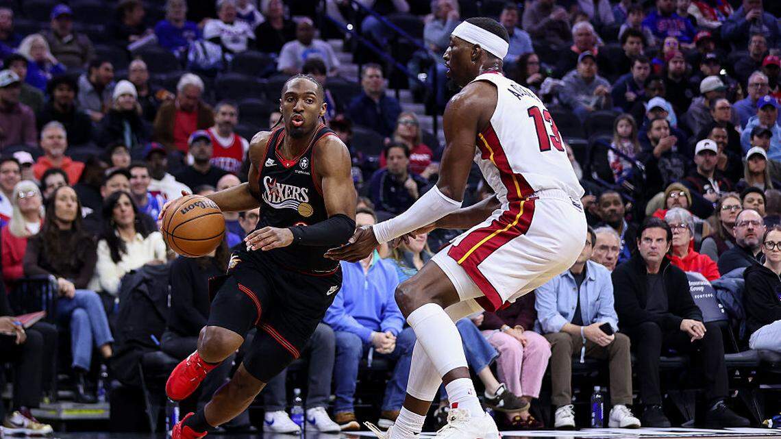 Tyrese Maxey #0 of the Philadelphia 76ers drives to the basket against Bam Adebayo #13 of Miami Heat during the first quarter at Xfinity Mobile Arena on February 26, 2026 in Philadelphia.